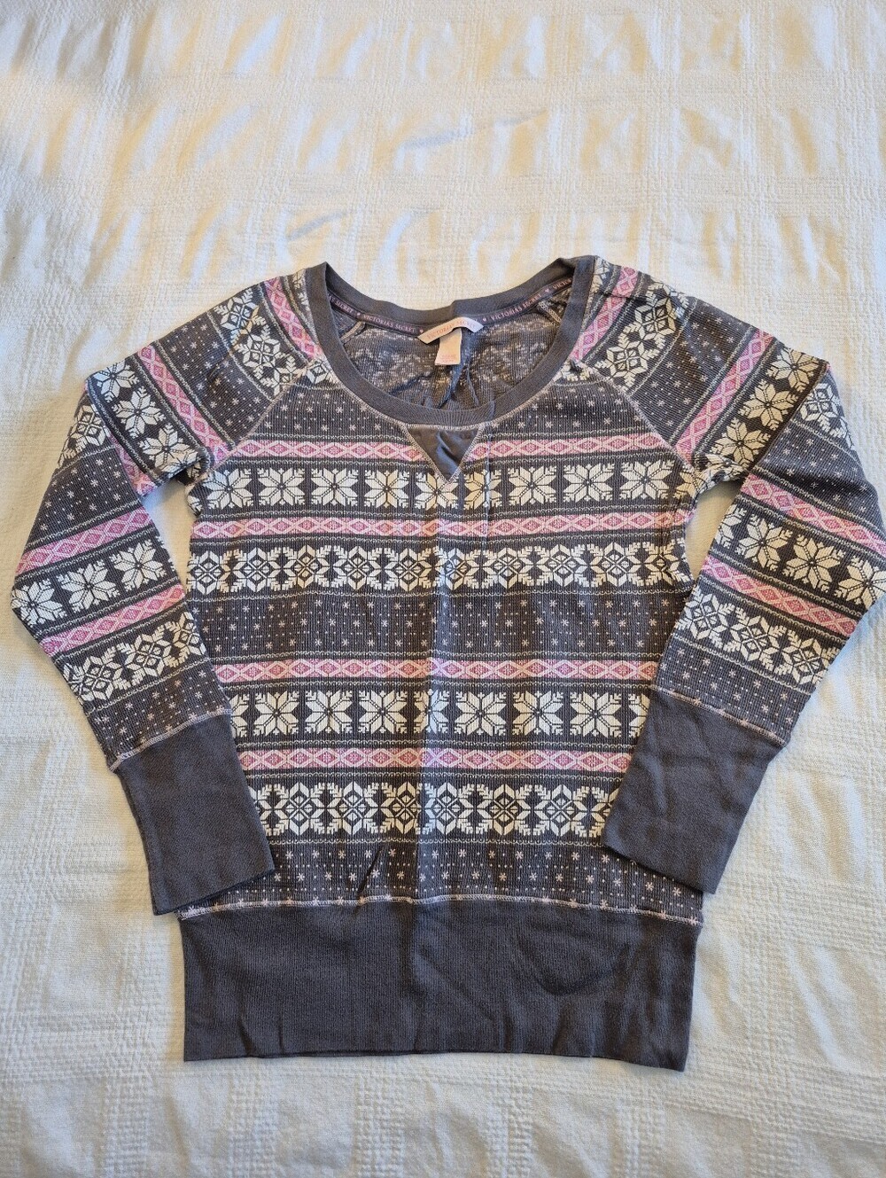 Victoria's Secret women's XS waffle long sleeve pajama top pink, gray white EUC